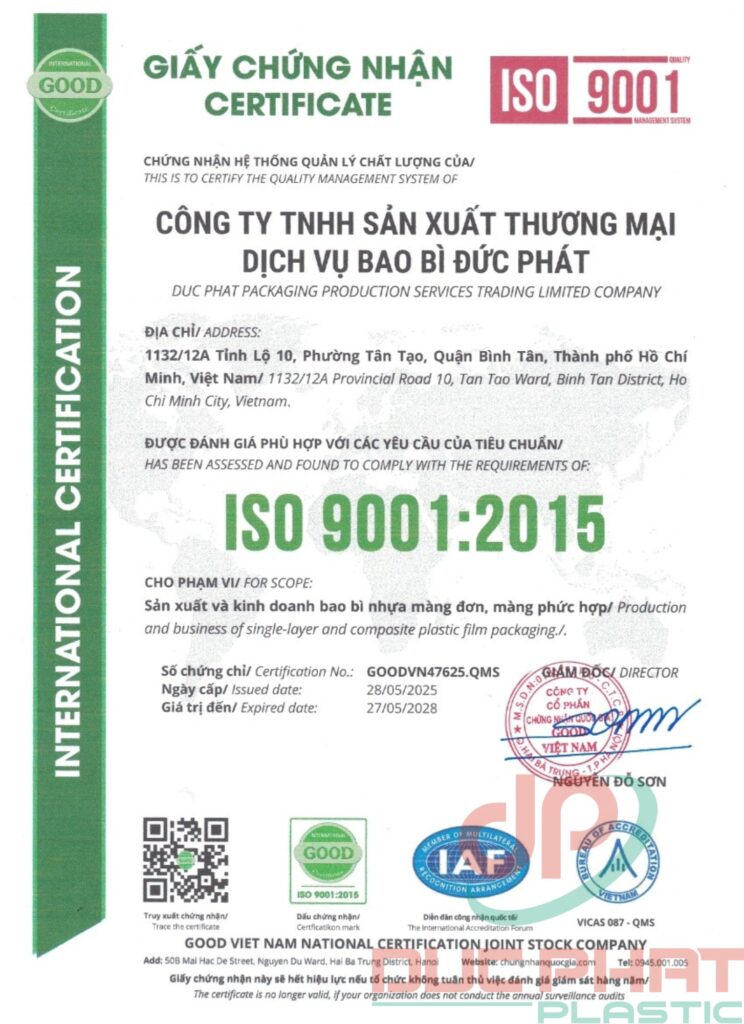 Chứng nhận ISO công ty bao bì Đức Phát