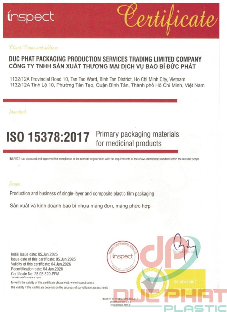 Chứng nhận ISO15378 : 2017 bao bì Đức Phát