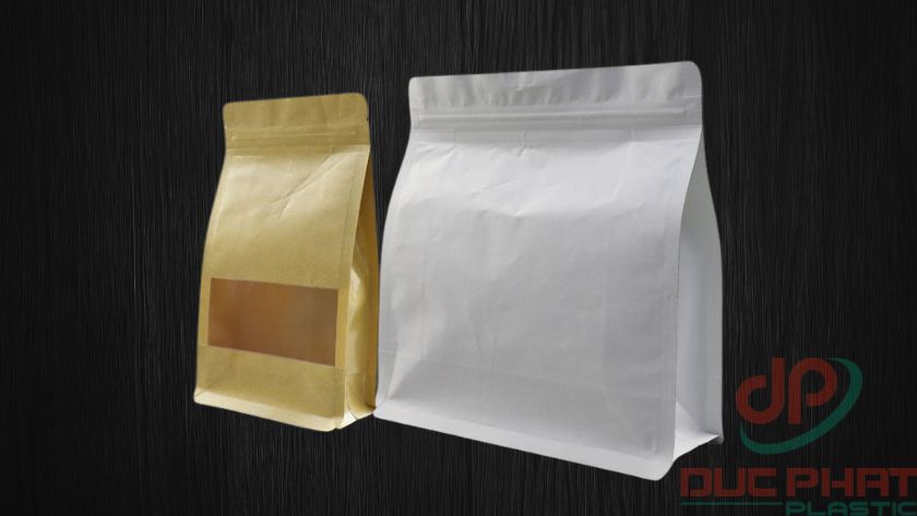 Bao bì bột bắp dạng túi 4 biên, có xếp hông và đáy bằng, tạo hình khối chắc chắn, in ấn nổi bật.