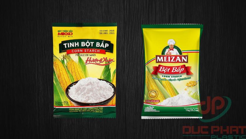 Bao bì bột bắp Meizan và Mikko dạng túi kín, in màu sắc rõ nét, thông tin sản phẩm và thương hiệu hiển thị nổi bật.