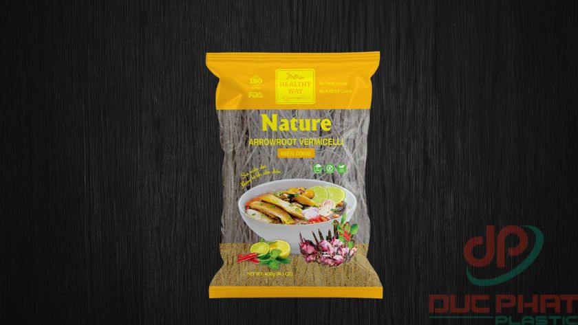 Bao bì miến có thiết kế zipper tiện lợi, in đầy đủ thông tin như thành phần, hướng dẫn sử dụng và mã QR trên bề mặt.