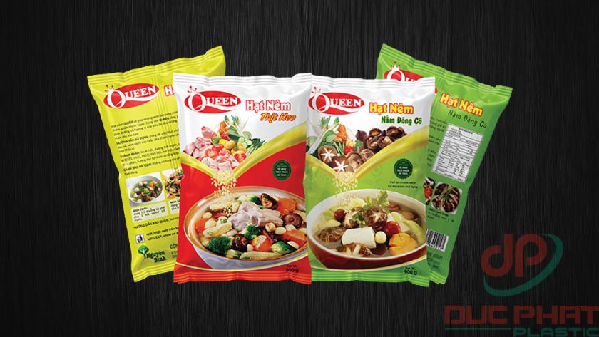 Bao bì hạt nêm in màu sắc rõ nét, dạng túi đứng hoặc hàn biên, làm từ màng ghép nhiều lớp.