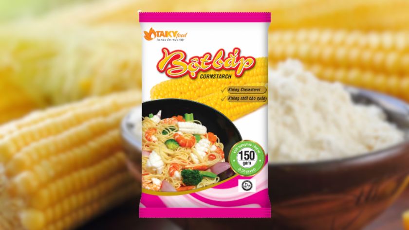 Bao bì bột bắp dạng túi đứng hoặc túi hàn biên, in màu sắc rõ nét, thường được làm từ màng ghép PET/MPET/PE hoặc PET/AL/PE.
