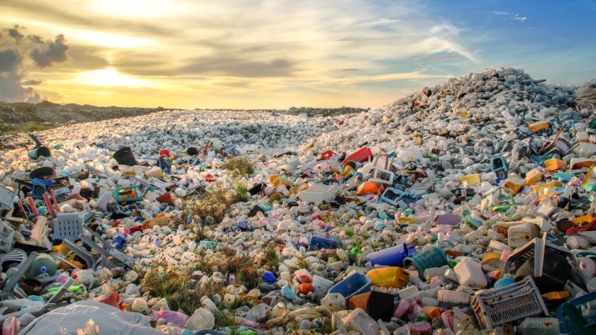 hậu quả môi trường khi rác thải HDPE không được phân loại và xử lý đúng cách. Đống rác thải nhựa ngoài trời với nhiều sản phẩm từ HDPE như chai lọ, túi, thùng, nằm lẫn lộn và không được xử lý.