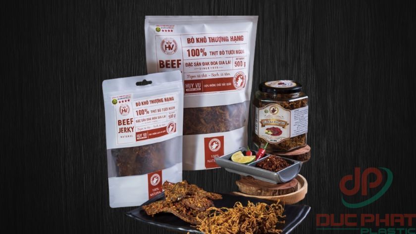 Bao bì khô bò chứa sản phẩm khô bò thơm ngon, giúp bảo quản chất lượng, giữ hương vị và tăng giá trị thương hiệu